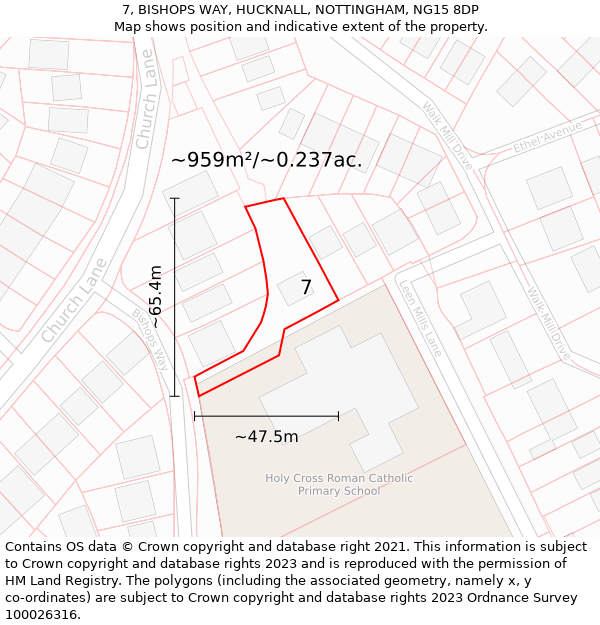 7, BISHOPS WAY, HUCKNALL, NOTTINGHAM, NG15 8DP: Plot and title map