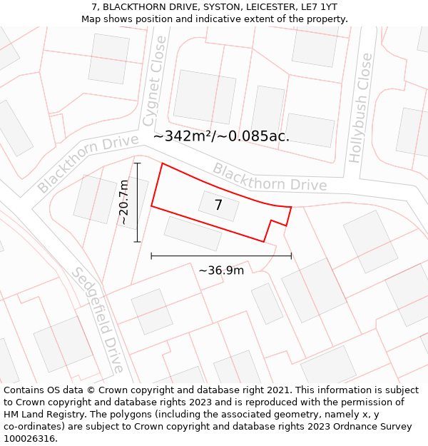 7, BLACKTHORN DRIVE, SYSTON, LEICESTER, LE7 1YT: Plot and title map