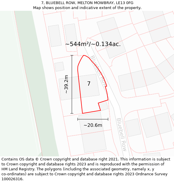 7, BLUEBELL ROW, MELTON MOWBRAY, LE13 0FG: Plot and title map