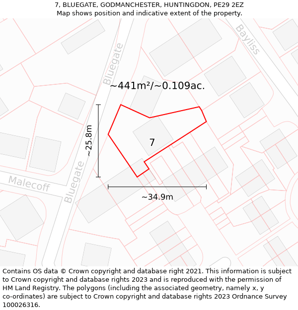 7, BLUEGATE, GODMANCHESTER, HUNTINGDON, PE29 2EZ: Plot and title map