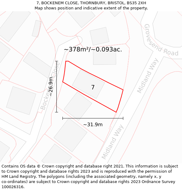 7, BOCKENEM CLOSE, THORNBURY, BRISTOL, BS35 2XH: Plot and title map