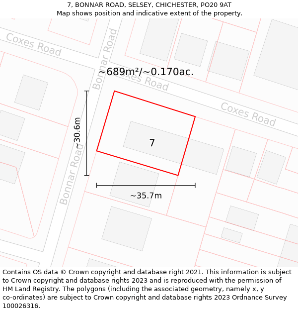 7, BONNAR ROAD, SELSEY, CHICHESTER, PO20 9AT: Plot and title map