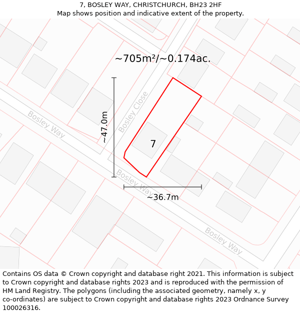 7, BOSLEY WAY, CHRISTCHURCH, BH23 2HF: Plot and title map