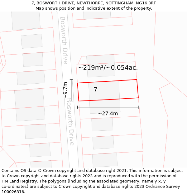 7, BOSWORTH DRIVE, NEWTHORPE, NOTTINGHAM, NG16 3RF: Plot and title map