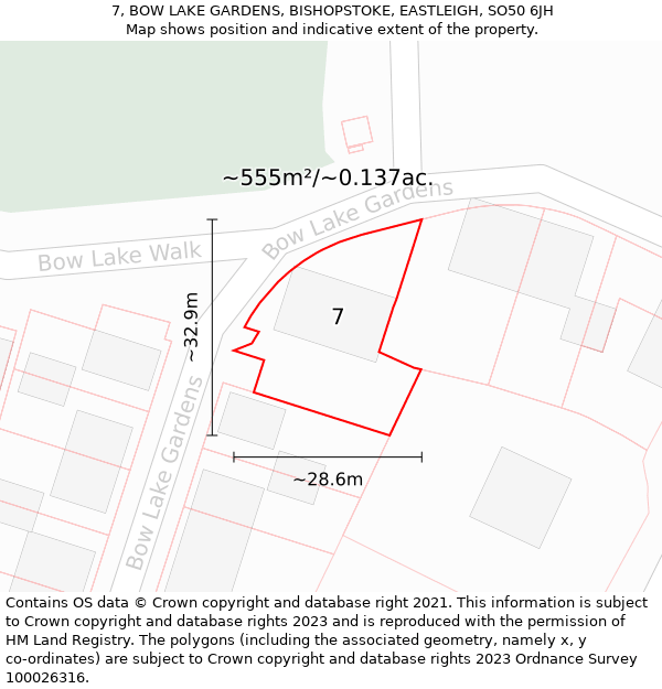 7, BOW LAKE GARDENS, BISHOPSTOKE, EASTLEIGH, SO50 6JH: Plot and title map