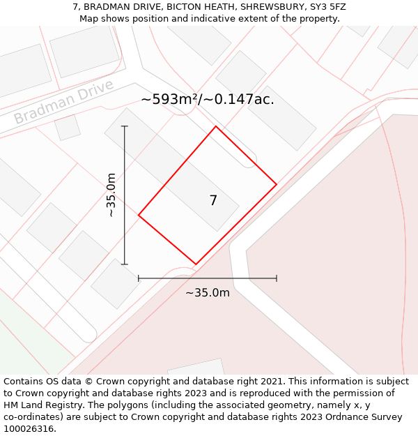 7, BRADMAN DRIVE, BICTON HEATH, SHREWSBURY, SY3 5FZ: Plot and title map