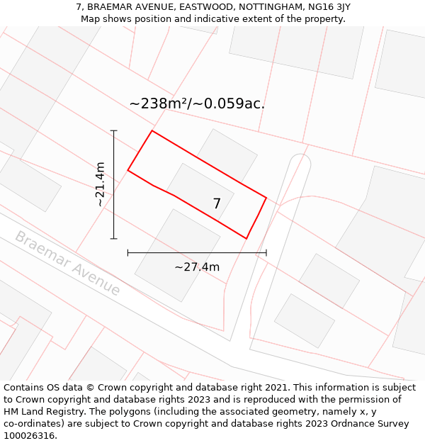 7, BRAEMAR AVENUE, EASTWOOD, NOTTINGHAM, NG16 3JY: Plot and title map