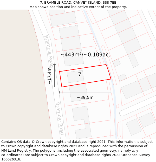 7, BRAMBLE ROAD, CANVEY ISLAND, SS8 7EB: Plot and title map