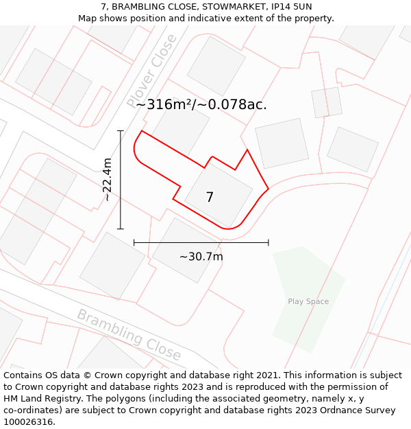 7, BRAMBLING CLOSE, STOWMARKET, IP14 5UN: Plot and title map