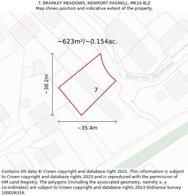 7, BRAMLEY MEADOWS, NEWPORT PAGNELL, MK16 8LZ: Plot and title map