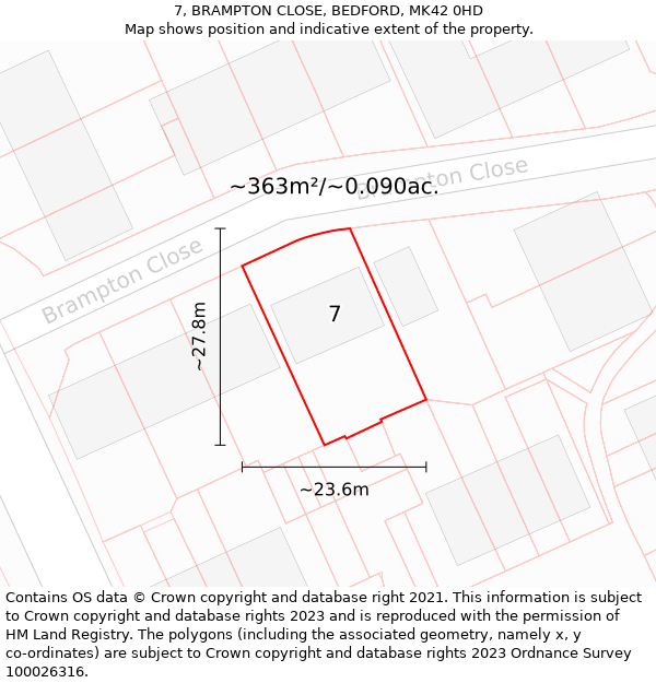 7, BRAMPTON CLOSE, BEDFORD, MK42 0HD: Plot and title map