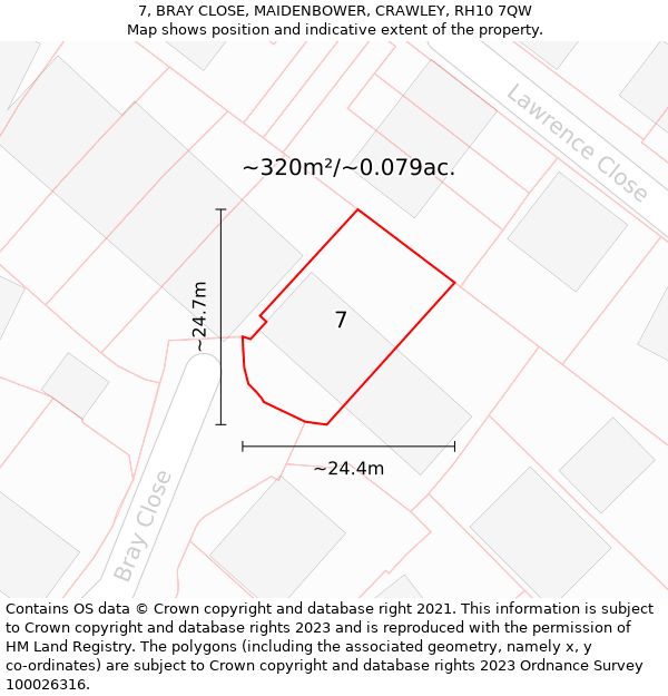7, BRAY CLOSE, MAIDENBOWER, CRAWLEY, RH10 7QW: Plot and title map