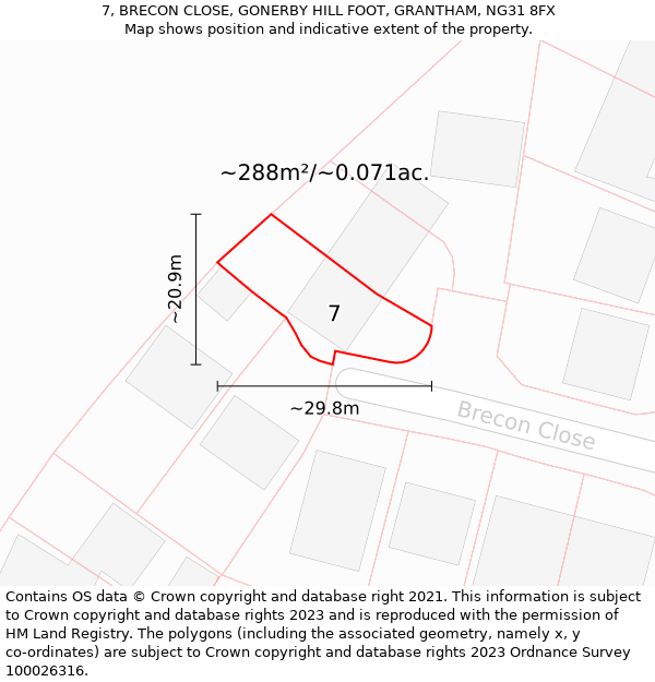 7, BRECON CLOSE, GONERBY HILL FOOT, GRANTHAM, NG31 8FX: Plot and title map