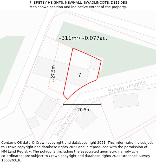 7, BRETBY HEIGHTS, NEWHALL, SWADLINCOTE, DE11 0BS: Plot and title map