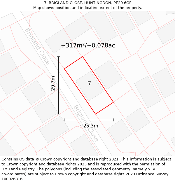 7, BRIGLAND CLOSE, HUNTINGDON, PE29 6GF: Plot and title map