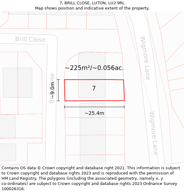 7, BRILL CLOSE, LUTON, LU2 9RL: Plot and title map