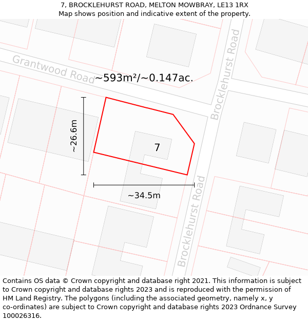 7, BROCKLEHURST ROAD, MELTON MOWBRAY, LE13 1RX: Plot and title map