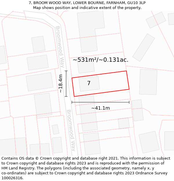 7, BROOM WOOD WAY, LOWER BOURNE, FARNHAM, GU10 3LP: Plot and title map