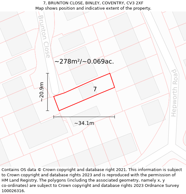 7, BRUNTON CLOSE, BINLEY, COVENTRY, CV3 2XF: Plot and title map