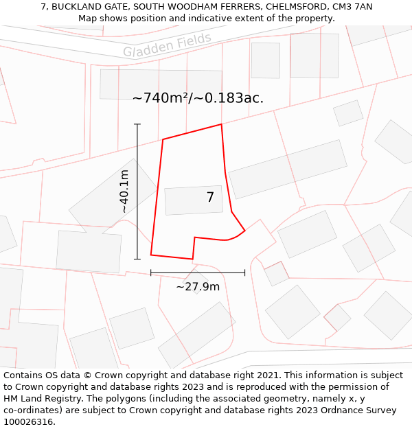 7, BUCKLAND GATE, SOUTH WOODHAM FERRERS, CHELMSFORD, CM3 7AN: Plot and title map