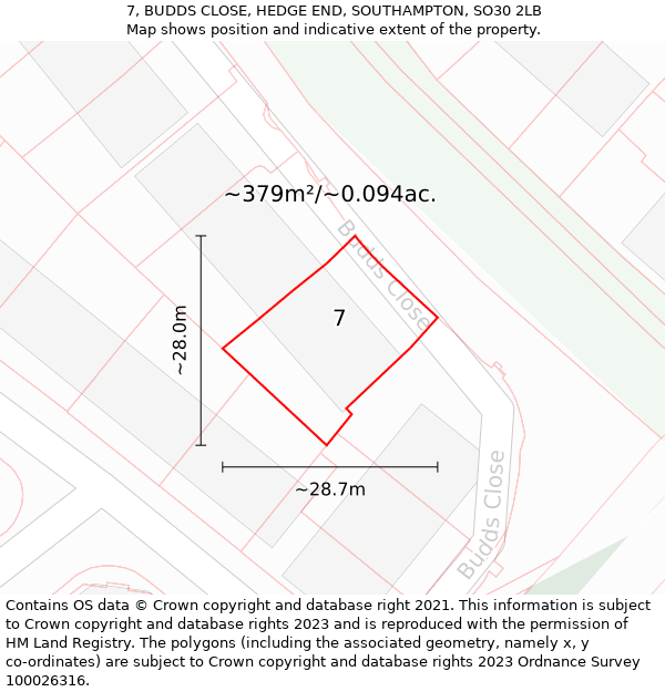 7, BUDDS CLOSE, HEDGE END, SOUTHAMPTON, SO30 2LB: Plot and title map