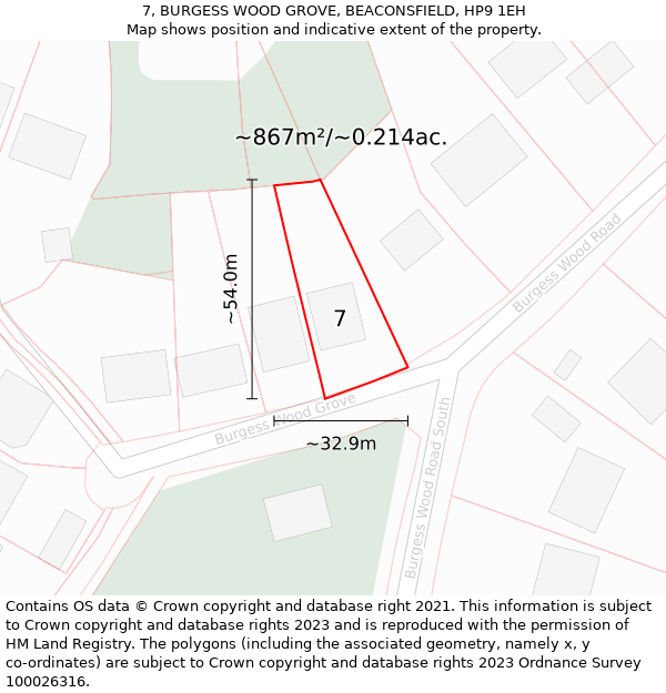 7, BURGESS WOOD GROVE, BEACONSFIELD, HP9 1EH: Plot and title map