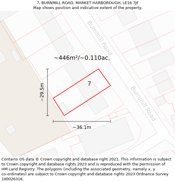 7, BURNMILL ROAD, MARKET HARBOROUGH, LE16 7JF: Plot and title map