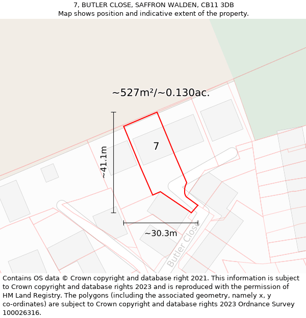 7, BUTLER CLOSE, SAFFRON WALDEN, CB11 3DB: Plot and title map