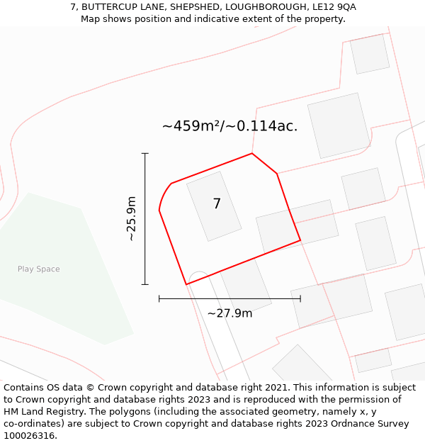 7, BUTTERCUP LANE, SHEPSHED, LOUGHBOROUGH, LE12 9QA: Plot and title map