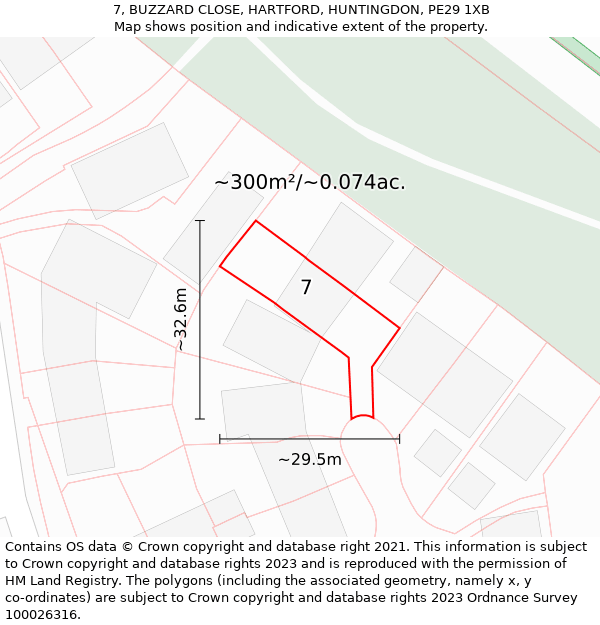 7, BUZZARD CLOSE, HARTFORD, HUNTINGDON, PE29 1XB: Plot and title map