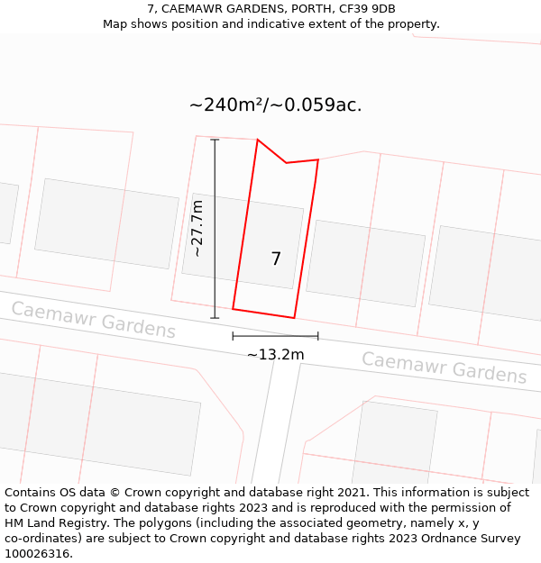 7, CAEMAWR GARDENS, PORTH, CF39 9DB: Plot and title map