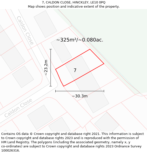 7, CALDON CLOSE, HINCKLEY, LE10 0PQ: Plot and title map