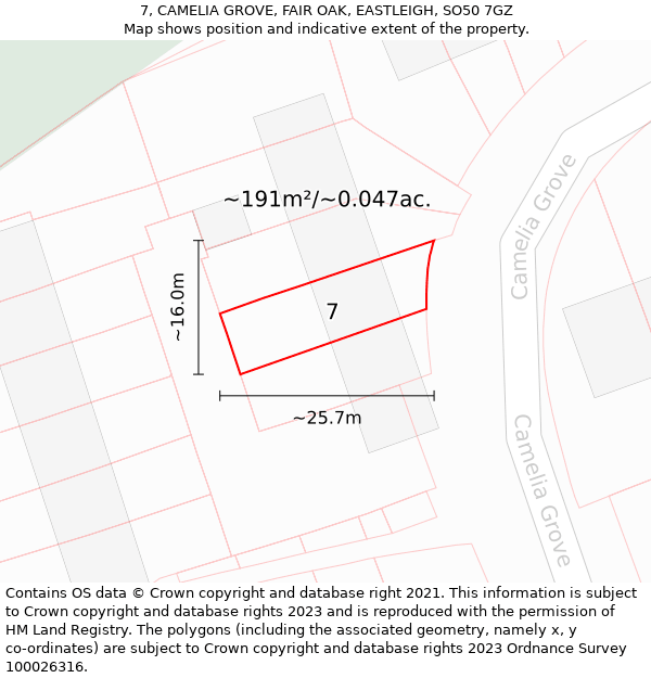 7, CAMELIA GROVE, FAIR OAK, EASTLEIGH, SO50 7GZ: Plot and title map