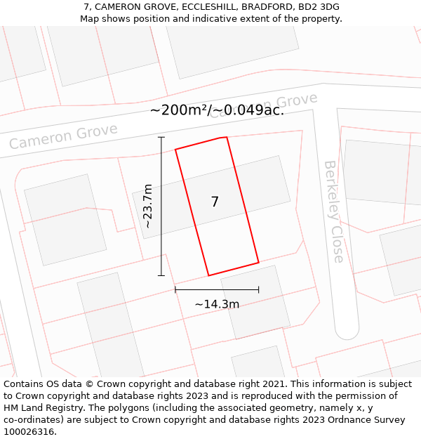 7, CAMERON GROVE, ECCLESHILL, BRADFORD, BD2 3DG: Plot and title map