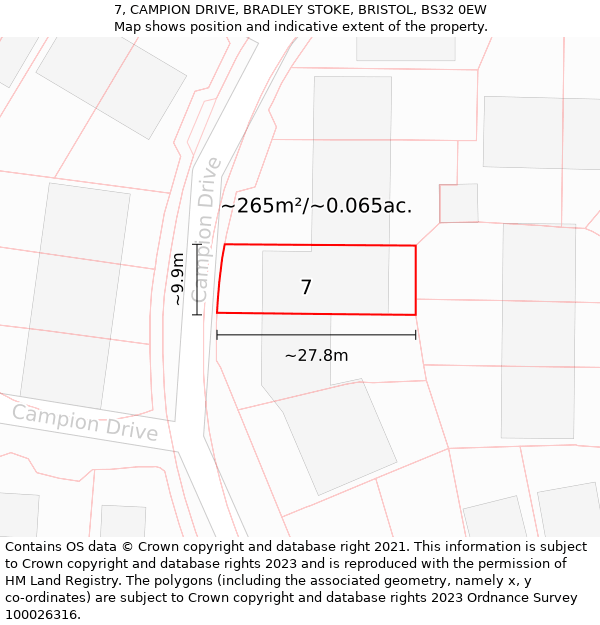 7, CAMPION DRIVE, BRADLEY STOKE, BRISTOL, BS32 0EW: Plot and title map