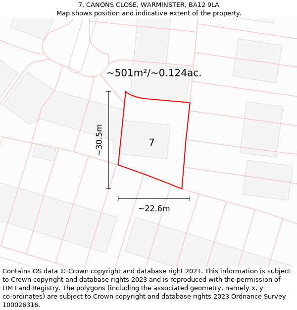 7, CANONS CLOSE, WARMINSTER, BA12 9LA: Plot and title map