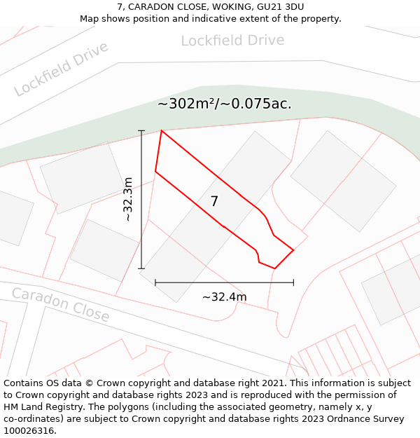 7, CARADON CLOSE, WOKING, GU21 3DU: Plot and title map