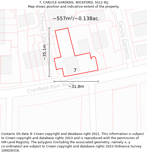 7, CARLYLE GARDENS, WICKFORD, SS12 9LJ: Plot and title map