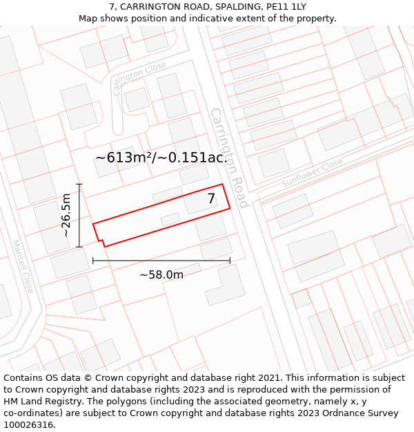 7, CARRINGTON ROAD, SPALDING, PE11 1LY: Plot and title map