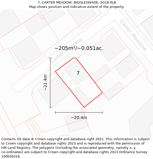 7, CARTER MEADOW, BIGGLESWADE, SG18 0LB: Plot and title map