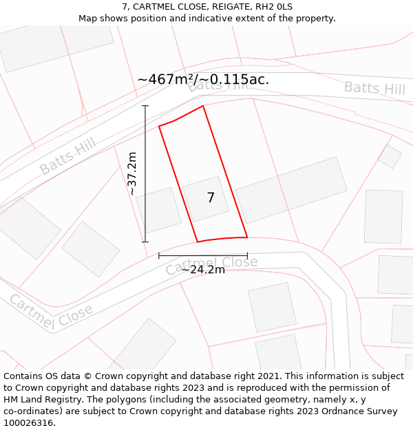 7, CARTMEL CLOSE, REIGATE, RH2 0LS: Plot and title map