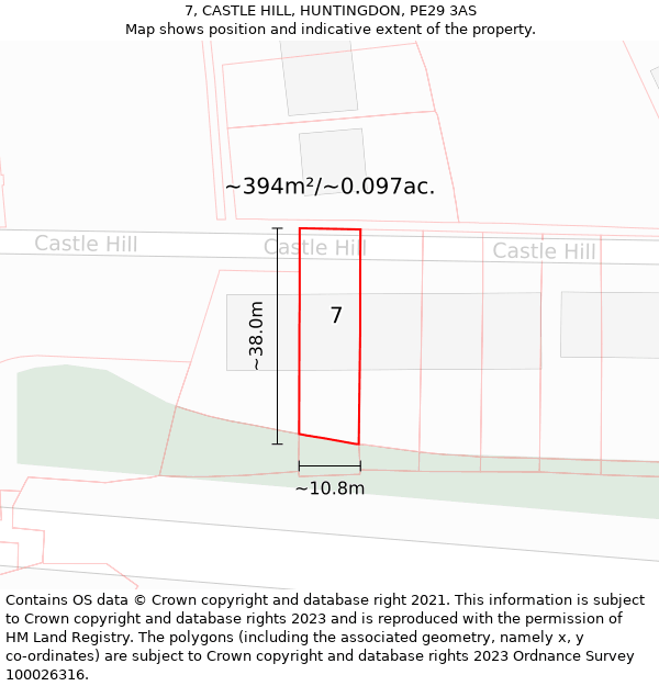 7, CASTLE HILL, HUNTINGDON, PE29 3AS: Plot and title map