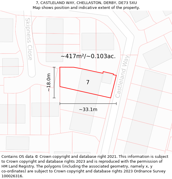 7, CASTLELAND WAY, CHELLASTON, DERBY, DE73 5XU: Plot and title map