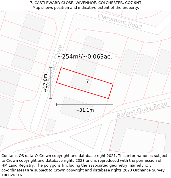 7, CASTLEWARD CLOSE, WIVENHOE, COLCHESTER, CO7 9NT: Plot and title map