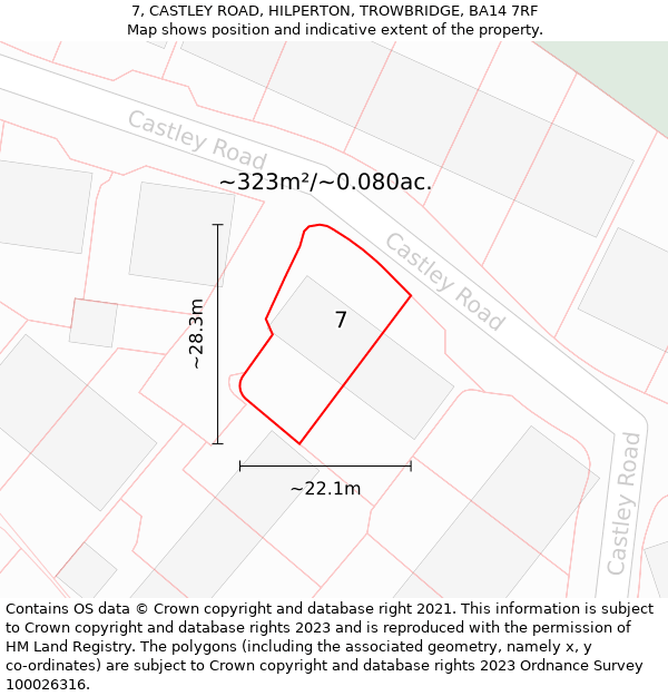 7, CASTLEY ROAD, HILPERTON, TROWBRIDGE, BA14 7RF: Plot and title map