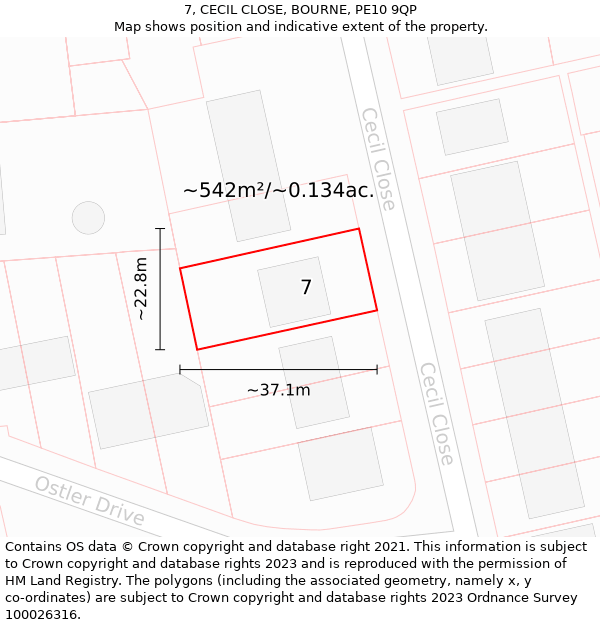 7, CECIL CLOSE, BOURNE, PE10 9QP: Plot and title map