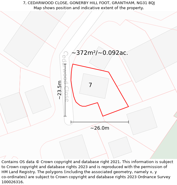 7, CEDARWOOD CLOSE, GONERBY HILL FOOT, GRANTHAM, NG31 8QJ: Plot and title map