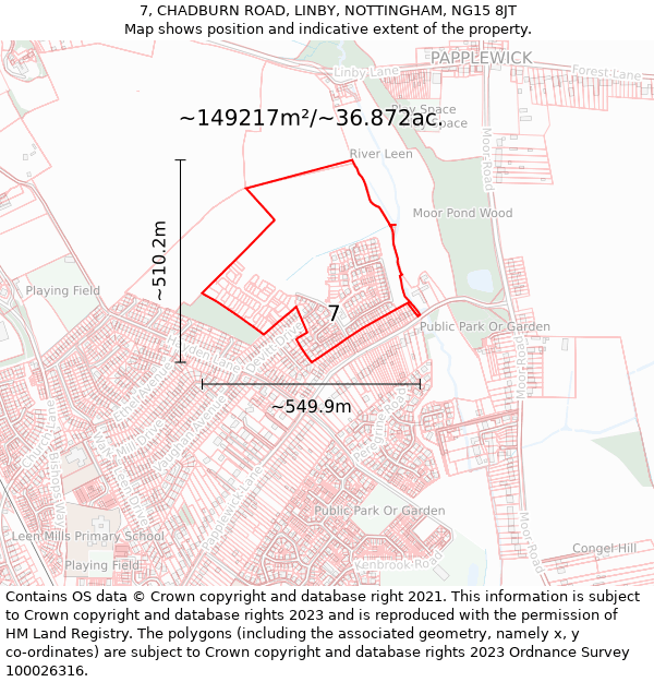 7, CHADBURN ROAD, LINBY, NOTTINGHAM, NG15 8JT: Plot and title map