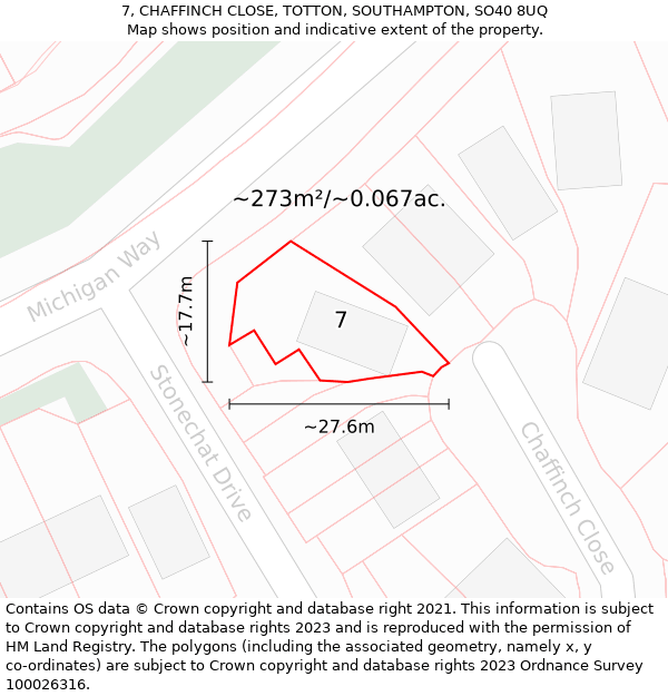 7, CHAFFINCH CLOSE, TOTTON, SOUTHAMPTON, SO40 8UQ: Plot and title map