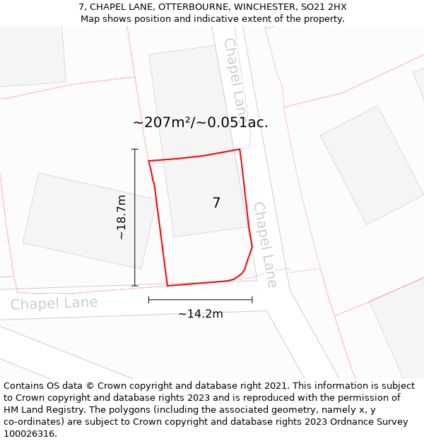 7, CHAPEL LANE, OTTERBOURNE, WINCHESTER, SO21 2HX: Plot and title map